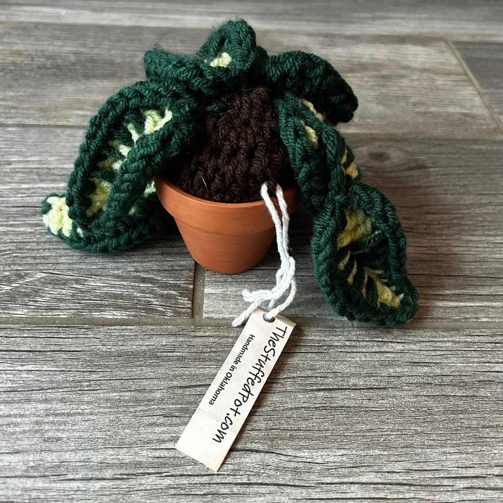 NWT Handmade Crochet Plant Potted Faux Succulent Green Yellow Small Decor Accent